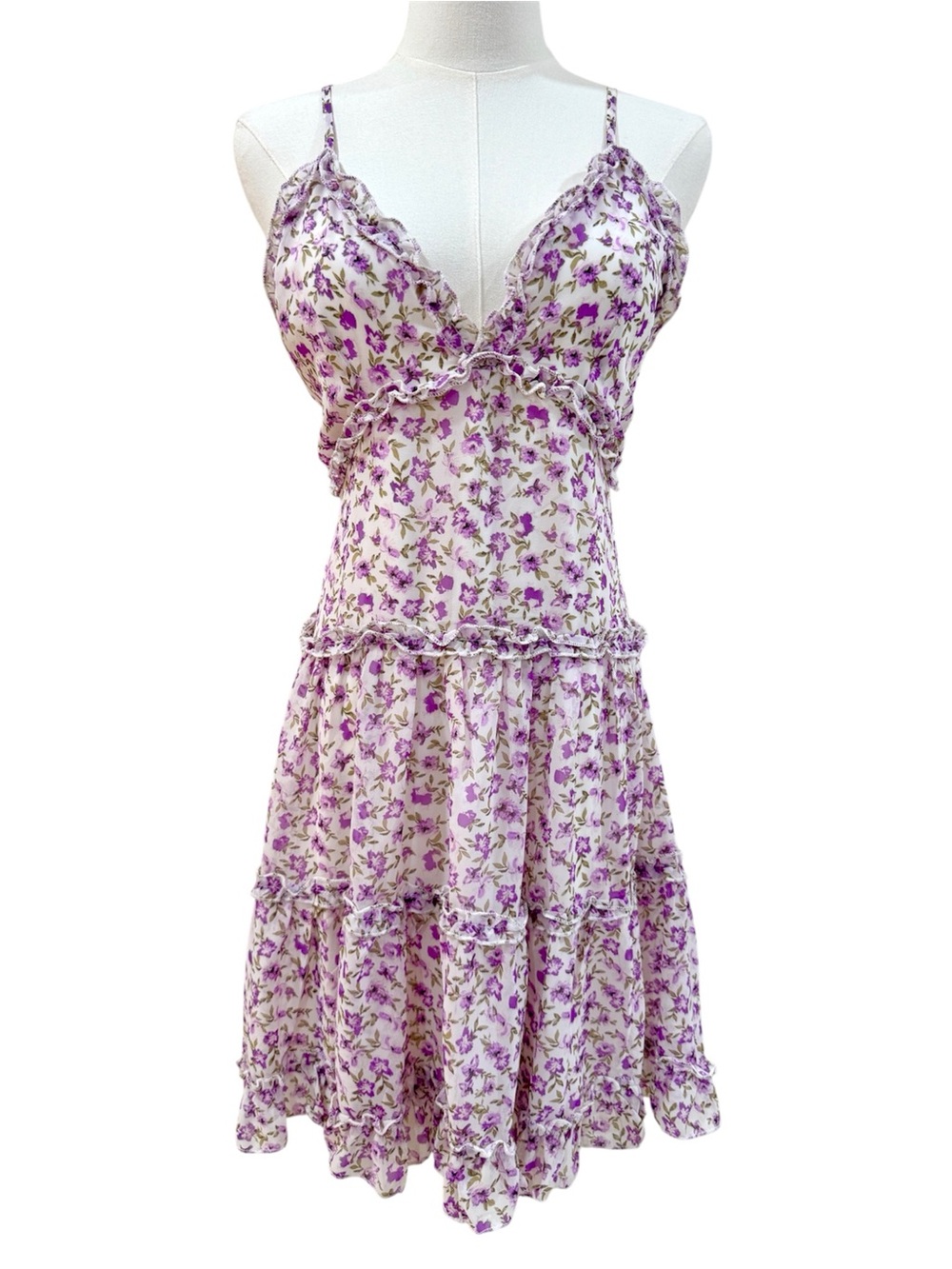 Purple Floral Ruffle Tiered Coquette Mini Dress Lined Crisscross Back Size M
